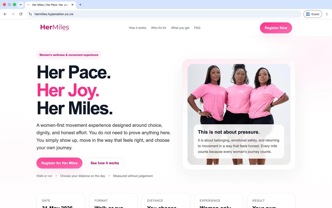 A women-first movement experience, online and ready to register.